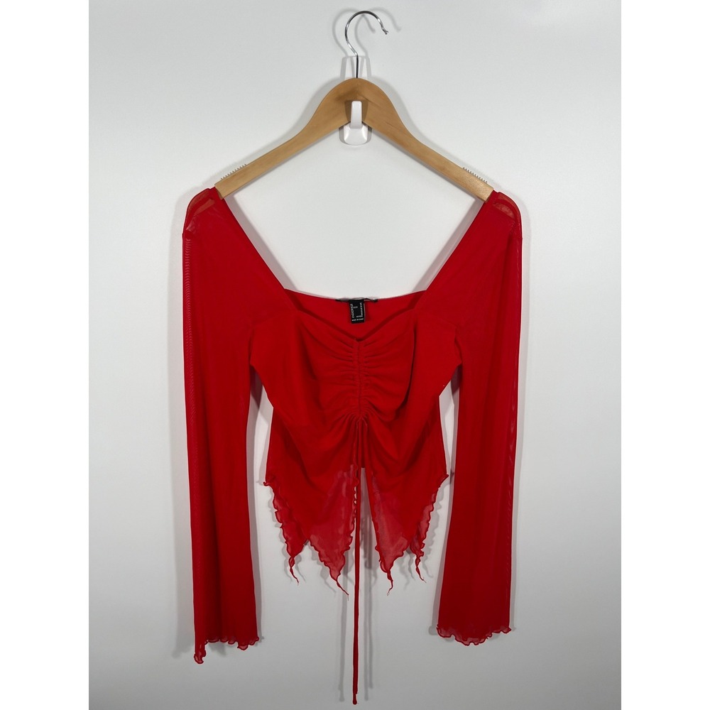 Y2K Womens Babydoll Top M Red Sheer Mesh Asymmetrical Dark Fairy Grunge Vampire